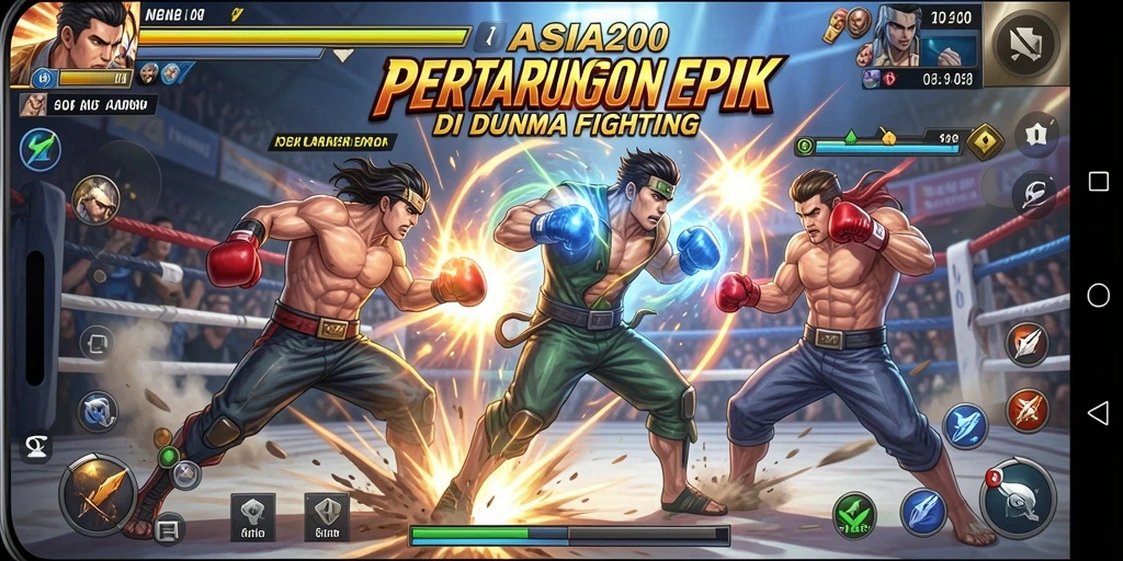 Screenshot gameplay ASIA200 menunjukkan karakter bertarung di arena yang mendebarkan.