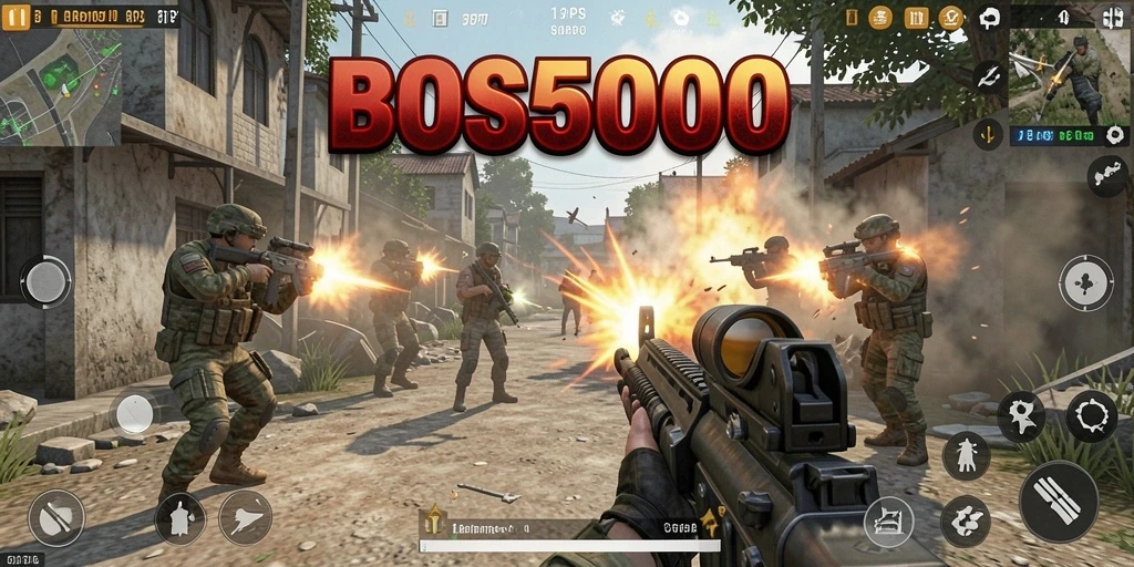 Tangkapan layar gameplay BOS5000 menunjukkan aksi tembak menembak yang seru.