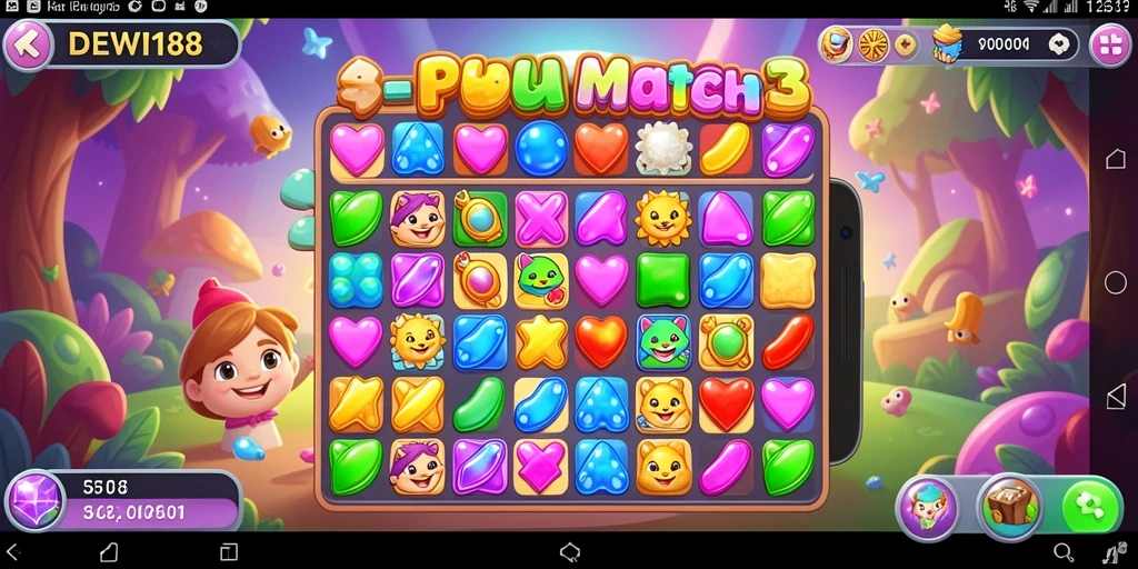Tampilan gameplay DEWI188 yang penuh warna dalam permainan Match-3.