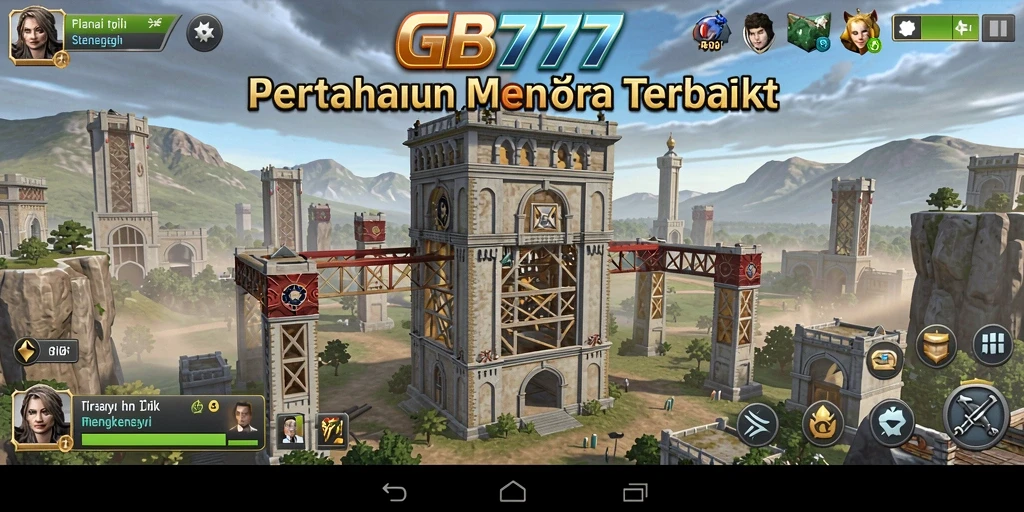 Tangkapan layar utama dari gameplay <strong>GB777</strong> menampilkan menara bertahan melawan serangan musuh.