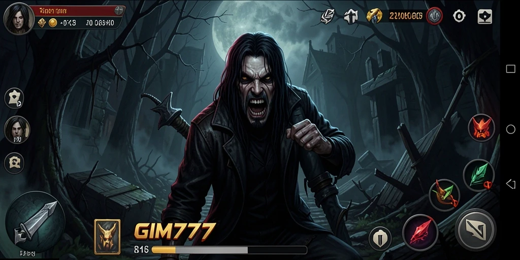 Screenshot utama GIM777 menampilkan aksi menegangkan di lingkungan horor.