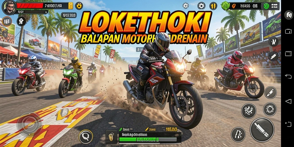 Screenshot gameplay LOKETHOKI yang menampilkan aksi balapan motor yang seru.