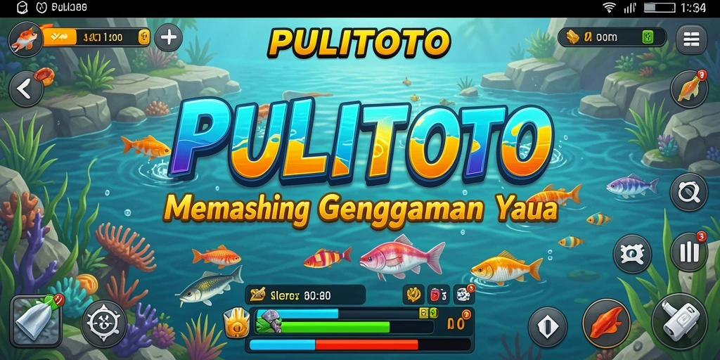 Tampilan gameplay seru di PULITOTO saat memancing di danau yang indah.