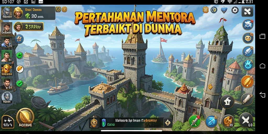 Screenshot gameplay SD107 dengan serangan musuh dan menara pertahanan yang strategis.